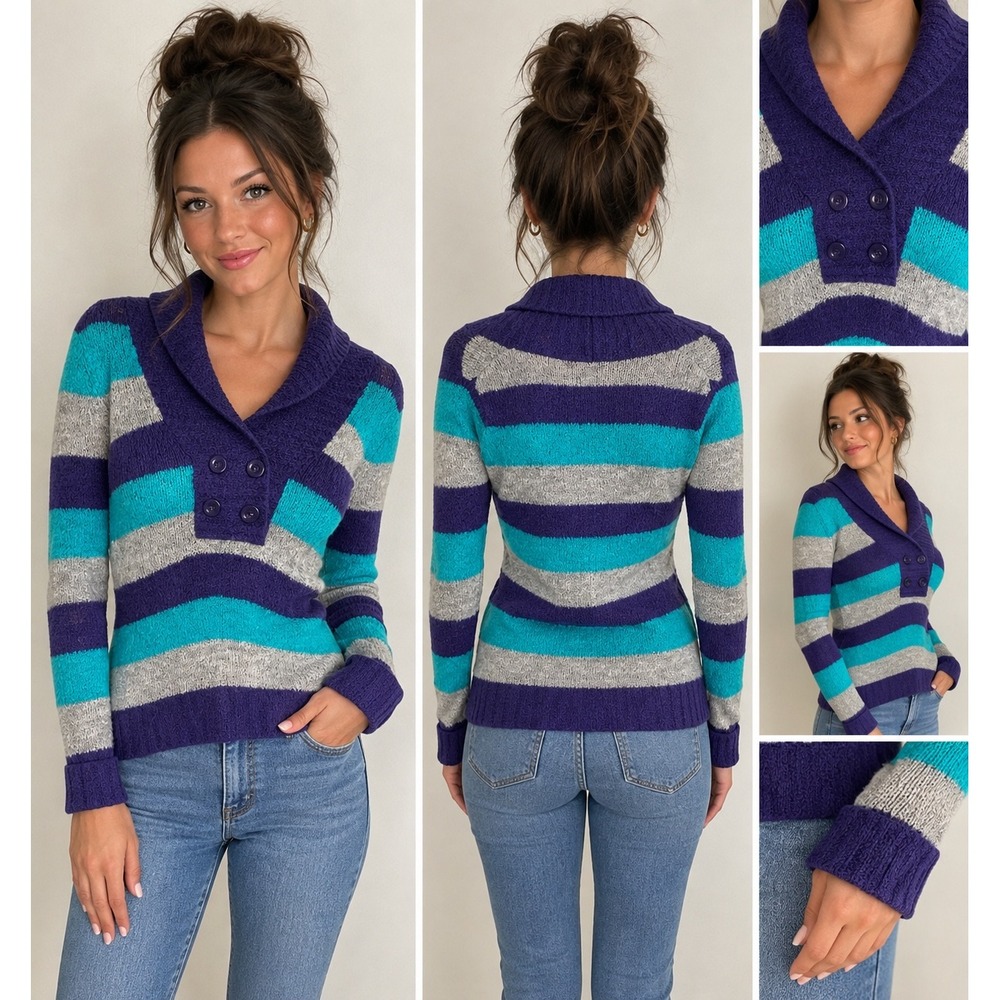 Y2K Vintage Arizona Jean Co Striped Shawl Neck Button Sweater Small